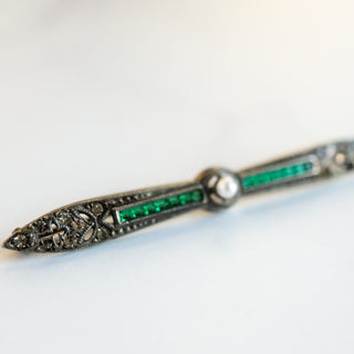 Vintage Art Deco Sterling Silver Green Glass With Faux Pearl Bar Brooch Pin