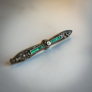 Vintage Art Deco Sterling Silver Green Glass With Faux Pearl Bar Brooch Pin