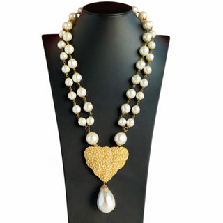 Vintage Marvella Gold Tone Faux Pearl Pendant Necklace 24 Inch Statement Piece