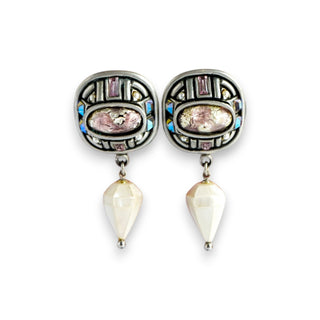 Vintage Fahrenheit Clip-On Earrings with Mother of Pearl and AB Crystals in Silver Tone