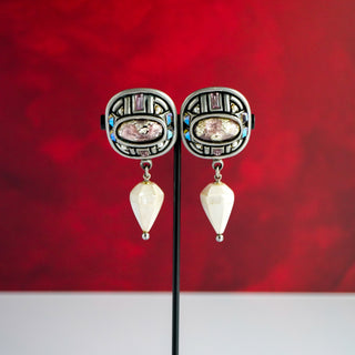 Vintage Fahrenheit Clip-On Earrings with Mother of Pearl and AB Crystals in Silver Tone