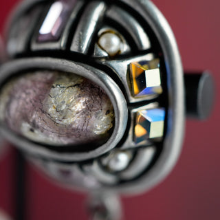 Vintage Fahrenheit Clip-On Earrings with Mother of Pearl and AB Crystals in Silver Tone