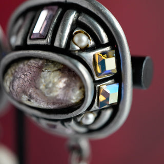 Vintage Fahrenheit Clip-On Earrings with Mother of Pearl and AB Crystals in Silver Tone