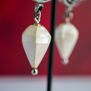 Vintage Fahrenheit Clip-On Earrings with Mother of Pearl and AB Crystals in Silver Tone