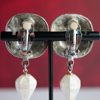 Vintage Fahrenheit Clip-On Earrings with Mother of Pearl and AB Crystals in Silver Tone