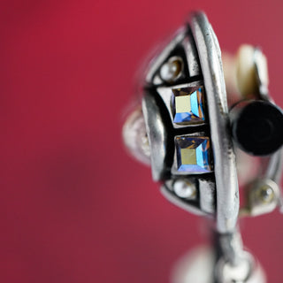 Vintage Fahrenheit Clip-On Earrings with Mother of Pearl and AB Crystals in Silver Tone