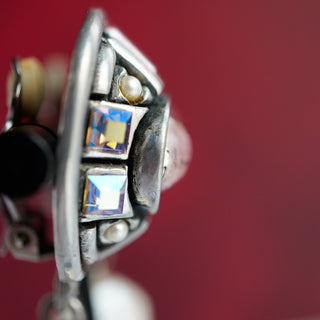 Vintage Fahrenheit Clip-On Earrings with Mother of Pearl and AB Crystals in Silver Tone