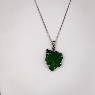 Vintage Uvarovite Green Garnet Druzy Pendant on 20 Inch Sterling Silver Chain