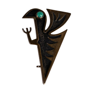 Antique Ecuador 900 Silver Green Chalcedony Roadrunner Brooch