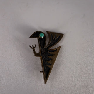 Antique Ecuador 900 Silver Green Chalcedony Roadrunner Brooch