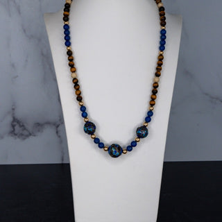 Lapis Lazuli Tigers Eye Cloisonne Bead Necklace 23 Inch Handmade Jewelry