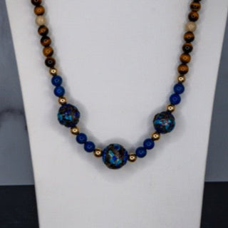 Lapis Lazuli Tigers Eye Cloisonne Bead Necklace 23 Inch Handmade Jewelry