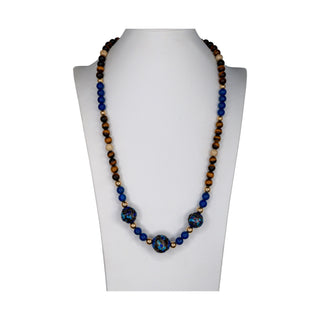 Lapis Lazuli Tigers Eye Cloisonne Bead Necklace 23 Inch Handmade Jewelry