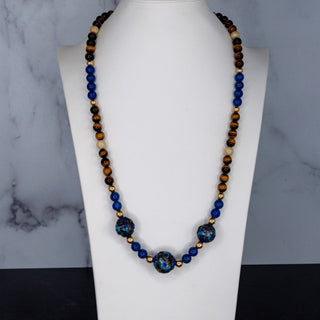 Lapis Lazuli Tigers Eye Cloisonne Bead Necklace 23 Inch Handmade Jewelry