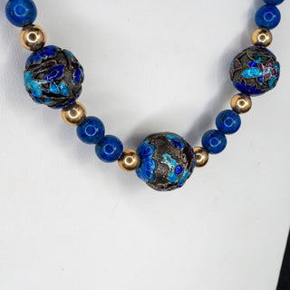 Lapis Lazuli Tigers Eye Cloisonne Bead Necklace 23 Inch Handmade Jewelry
