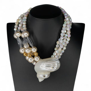 Elegant Ocean’s Majesty: Layered Shell necklace featuring faux pearls and unique design, perfect for any occasion.