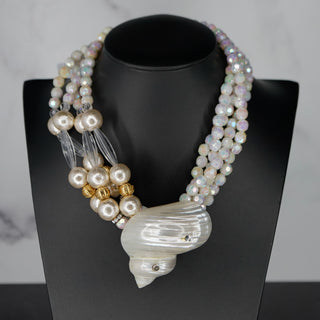 Stunning Ocean’s Majesty: Layered Shell & Faux Pearl Statement Necklace showcases elegance and coastal charm.