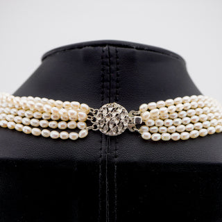 Vintage Multi-Strand Freshwater Pearl Necklace with Textured Leaf Clasp