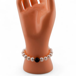 Pearl Faceted Black Glass Beads Stretch Bracelet  – Size 6”