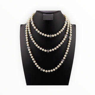 Vintage Single Strand Opera Length Faux Pearl and Crystal Necklace (62")