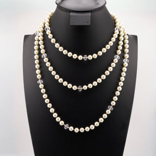 Vintage Single Strand Opera Length Faux Pearl and Crystal Necklace (62")
