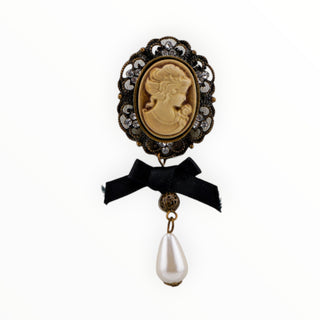 Vintage Cameo Bow & Pearl Brooch