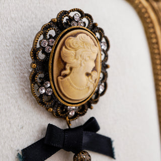Vintage Cameo Bow & Pearl Brooch
