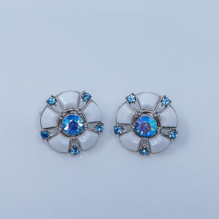 Rare Vintage Crown Trifari Round Milk Glass Blue AB Rhinestone Clip On Earrings