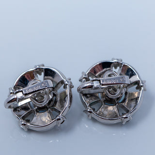 Rare Vintage Crown Trifari Round Milk Glass Blue AB Rhinestone Clip On Earrings