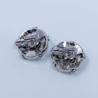 Rare Vintage Crown Trifari Round Milk Glass Blue AB Rhinestone Clip On Earrings