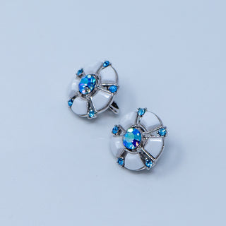 Rare Vintage Crown Trifari Round Milk Glass Blue AB Rhinestone Clip On Earrings