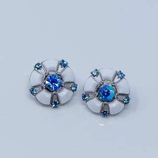 Rare Vintage Crown Trifari Round Milk Glass Blue AB Rhinestone Clip On Earrings