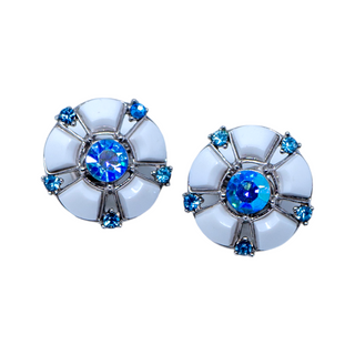 Rare Vintage Crown Trifari Round Milk Glass Blue AB Rhinestone Clip On Earrings