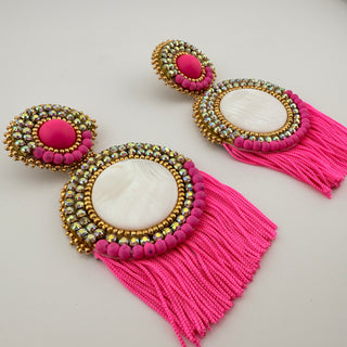 Y2K Glam Statement Clip-On Earrings with Pink Fringe, Mother-of-Pearl, and Rhinestones