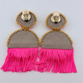 Y2K Glam Statement Clip-On Earrings with Pink Fringe, Mother-of-Pearl, and Rhinestones