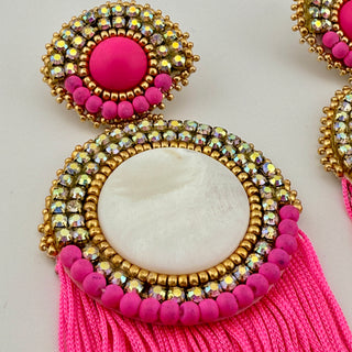 Y2K Glam Statement Clip-On Earrings with Pink Fringe, Mother-of-Pearl, and Rhinestones