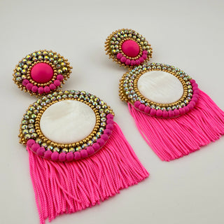 Y2K Glam Statement Clip-On Earrings with Pink Fringe, Mother-of-Pearl, and Rhinestones