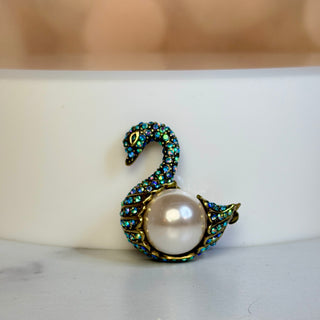 Vintage Heidi Daus Signed Swarovski Crystal and Faux Pearl Swan Pin