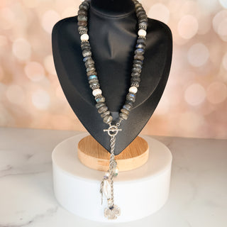 Artisan Labradorite and Pearl Charm Necklace with Pearl and Cross Drop