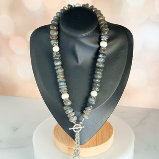 Artisan Labradorite and Pearl Charm Necklace with Pearl and Cross Drop