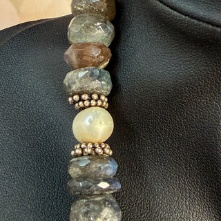 Artisan Labradorite and Pearl Charm Necklace with Pearl and Cross Drop