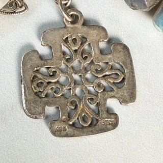 Artisan Labradorite and Pearl Charm Necklace with Pearl and Cross Drop