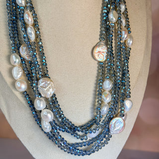 Triple-Strand Faceted Crystal and Coin Pearl Statement Necklace - 40"