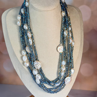 Triple-Strand Faceted Crystal and Coin Pearl Statement Necklace - 40"