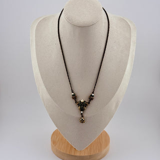 Antique Brass Festoon Necklace with Faux Pearls and Green Stones