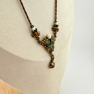 Antique Brass Festoon Necklace with Faux Pearls and Green Stones
