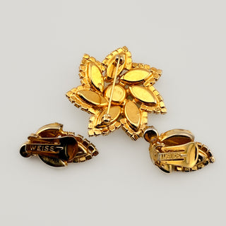 Vintage Weiss Starburst Rhinestone Brooch & Earring Set – Pale Yellow & Crystal
