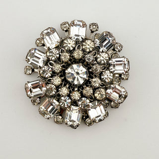 Mid-Century Clear Rhinestone Brooch with Emerald-Cut Accents