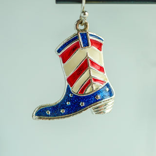 Vintage American Flag Cowboy Boot Drop Dangle Earrings in Silvertone