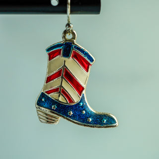 Vintage American Flag Cowboy Boot Drop Dangle Earrings in Silvertone